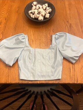 Square Neck Puff Sleeve Leather Crop Top in Light Blue